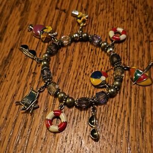 Summer Vacation Travel Charm Bracelet Gold Tone Beach Plane Drink Sandals Cute